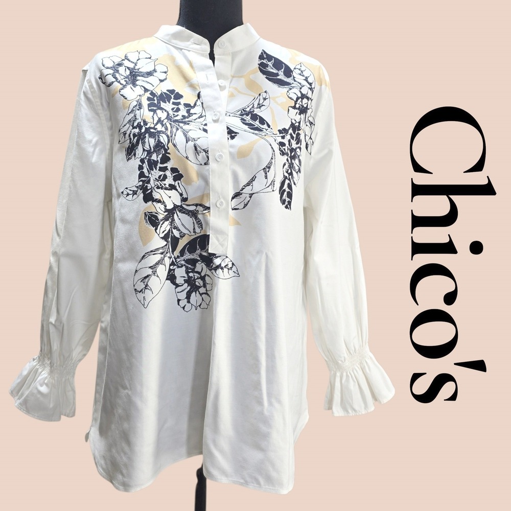 Chico's Tunic Women 1 M White Cotton Floral No-Iron Stretch Smocked Cuff Classic
